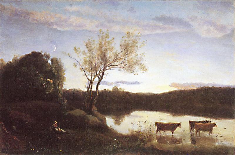Jean Baptiste Camille  Corot L'Etang aux trois Vaches et au Croissant de Lune France oil painting art
